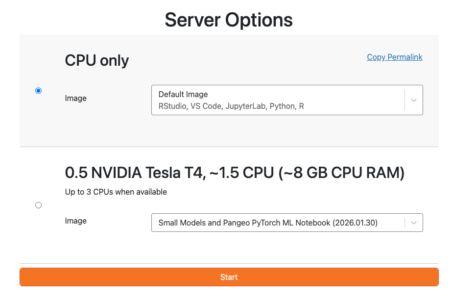 The Server Options page with a CPU only profile selected and a GPU profile below it, each with an Image dropdown, a Copy Permalink link at the top right, and an orange Start button.
